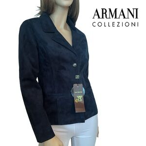 Armani Collezioni Suede Italian Leather Blazer Jacket Midnight Blue
